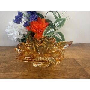 Vintage Amber Art Glass Ruffled Pedestal Bowl Hand Blown Mid Century Glass Decor